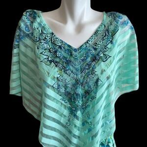World Unity Top Set / 2 Piece / Mint Green Blue Tank with Cape Poncho / XS